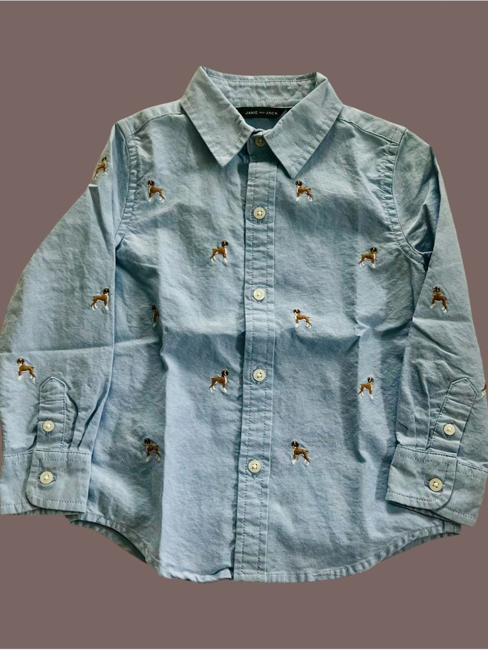 JANIE and JACK Dog Print Long Sleeve Dress Shirt | 2T | Light Blue | Preowned